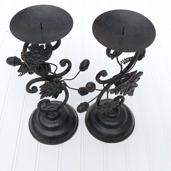 Metal Bronze Acorn Grape Leaf Candlestick Pair Pillar Candle Holder Thanksgiving - Picture 11 of 16